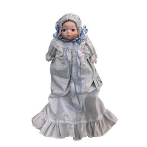 Dynasty Doll Light Blue Polka Dot Dress Bonnet Ribbons Lace Victorianera Doll‎